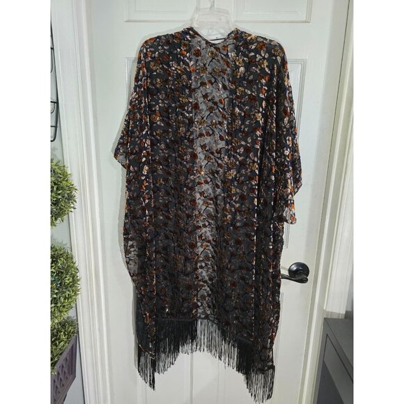 Cato Womens Multicolor‎ Floral Velvet Burnout Fringe Kimono Open Front One Size - Picture 5 of 14
